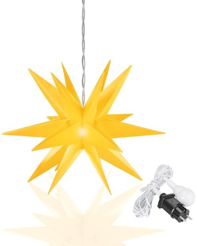 OVILUM Leuchtstern 3D mit LED Beleuchtung | gelb | |Ø 57 cm| 3D Stern mit 18 Spitzen | wetterfest | Garten Deko, Wohnzimmer, Weihnachtsdeko | Weihnachtsstern | mit Timer | 7,5m Zuleitung