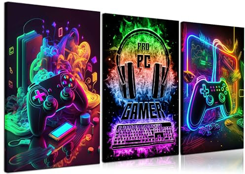3Pcs Cool Gaming Wall Art Retro Video Gamer Watercolor Posters Pictures Colorful Neon Pad Canvas Painting Prints for Boys Room Kids Gamer Room Bedroom Home Decoration 16x24in