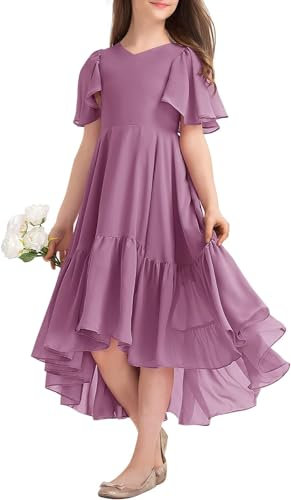 Haloumoning Robe d'été pour fille - Col en V - Robe à volants - Décontractée - Robe trapèze - Robe de soirée longue et élégante, lilas, 150 cm