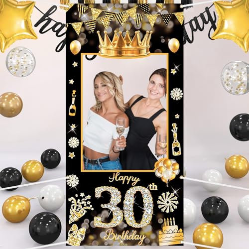 POPOYU 30 Geburtstag Rahme,Deko 30. Geburtstag mann Banner,Banner 30.Geburtstag.mann,deko 30.geburtstag. Schwarz Gold banners,30.Geburtstags Photo Booth Rahmen für.mann Frauen GeburtstagParty Zubehör
