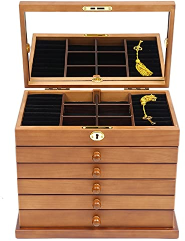 SICHENSH Schmuckkästchen aus Holz, 6 Ebenen Holz Schmuckkasten, Großer Schmuckkasten mit einen eingebauten Spiegel und 6 Schubladen, Schmuck Organizer Box für Schmuck, Halsketten, Ringe