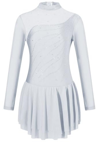 Freebily Kinder Mädchen Tanzkleid Langarm Glitzer Mesh Spleiß Eiskunstlauf Ballett Trikot Gymnastik Kleid Mit Strass Wettbewerb Tanzkleidung Gr.98-176 Weiß 134-140