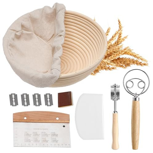 Herogo Gärkörbchen-Set, inklusive Teigschneebesen, Teigschaber, Brotmesser mit Klingen & Hülle, rundes Gärkorb Set für Brotteig – das ideale Geschenk für Brotbäcker