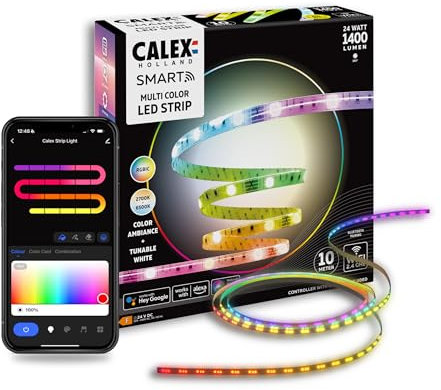 CALEX Smart LED Streifen, 10 m, RGBIC-Farben, flexibel & zuschneidbar, dimmbar, WLAN App- & Sprachsteuerung, inkl. Fernbedienung