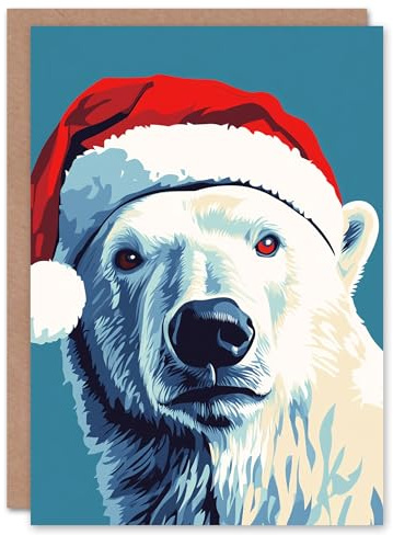 Artery8 Polar Bear With Santa Hat Blue Red Blank For Him Or Her Art Xmas Festive Christmas Card