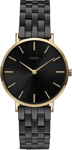 TORII Unisex-Uhr Schwarz Edelstahl - rund Quarz G38BB.BG Edelstahlarmband Strichindizes wasserdicht 50 m
