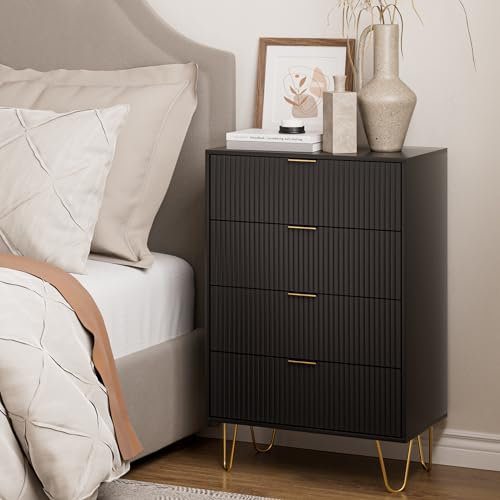 HEYZOEY Kommode, Sideboard mit 4 Schubladen, 34x60x91cm, Holz Schubladenschrank mit Gold Bein, Modern Boho Beistellschrank für Schlafzimmer, Flur, Wohnzimmer,Schwarz