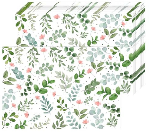 Grün Blätter Papier Platzsets 50 Stück Einweg Platzsets Frühling Eukalyptus Blume Papier Tischsets 40x28 cm, Sommer Dekoration für Küche, Esstisch, Urlaub, Party, Hochzeit