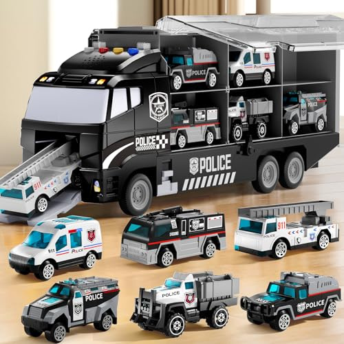 NIPLOOOW Kids Boys Toys for 3 4 5 6 Years Old, Police Truck Vehicle Toy Set with Play Mat and Die-Cast Toy Car, Transport Carrier Truck for Kids, Birthday Gifts Toys for 3 4 5 6 7 8+ Year Old Boys