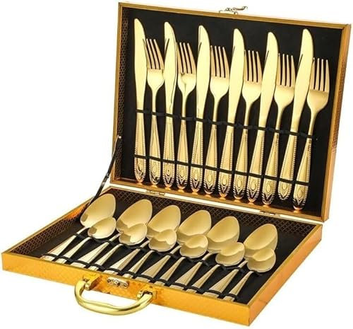 Ensemble de vaisselle, ensemble de couverts en argenterie, service d'argenterie en acier inoxydable de 24 pièces for 6 personnes, ensemble de couverts avec boîte en bois doré, coffret cadeau(Rose Gold