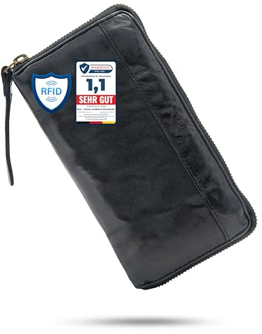 Baur - Damen Geldbörse groß Waschleder RFID-Schutz (Glatt, Schwarz) | Portemonnaie im Used-Look, 12 Kartenfächer, Rundumreißverschluss aus Metall, extra weiches Leder