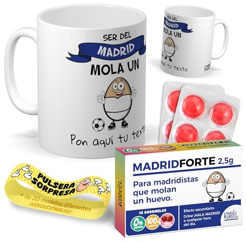Kit regalo personalizado para aficionados del Madrid | Taza personalizada Ser del Madrid mola un huevo + Caramelos divertidos + Pulsera sorpresa | Regalo para Merengues, fútbol.