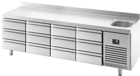 GGM Gastro | KTBI257S1313 | Kühltisch Premium PLUS - 2452x700mm - mit 1 Becken, 1 Tür, 6 Schubladen & Aufkantung