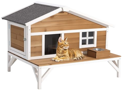 VEVOR Insulated Cat House, All-Around Foam Insulation Elevated Cat Shelter, Wooden Feral Kitty Shelter with Large Platform, Waterproof Cats Condos for Indoor & Outdoor Cats in Winter 43.5x33.5x31 in