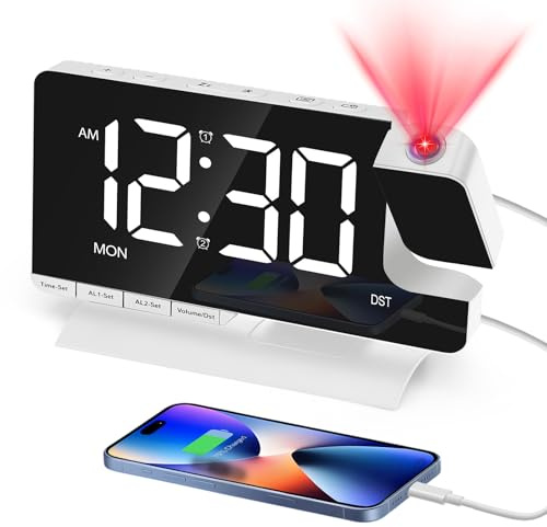 Venchin 【Projektionswecker】Wecker Nachttisch mit 180°-Projektor, Daul-Alarm, Schlummerfunktion, LED-Bildschirmspiegel mit 6 Helligkeitseinstellungen, 2 USB-Ladegerät, Plug-in-Digitaluhr für