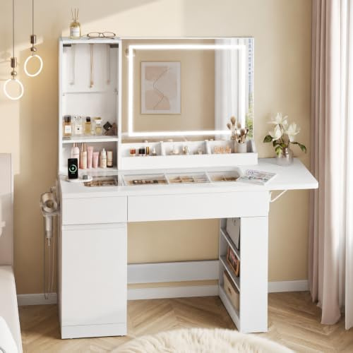Dripex Dressing Table with LED Light Mirror and Transparent Glass Top | Vanity Desk with Drawers, Adjustable Brightness, 3 Open Shelves, Power Outlet, Makeup Desk with Hairdryer Holder