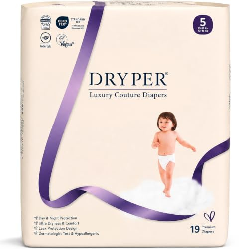 Baby Nappies Size 5 DRYPER 19ct Oeko-TEX Hypoallergenic Diapers 13-18kg | Day & Night Vegan Ultra-Dry Diapers, High Absorbency Lock, 55% Ultra-Thin Eco Core, Superior Flexi-Fit Comfort for 13-18kg+.
