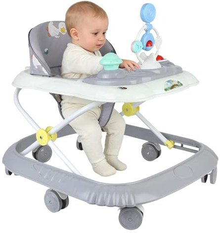 OHMG 4-in-1 Lauflernhilfe für Babys mit abnehmbarer musikalischer Aktivitätsplatte, leicht faltbar, von 6 bis 18 Monaten, bis zu 18 kg, 4 höhenverstellbar, für Jungen, Mädchen, Kinder (Grau, 67 x 72 x