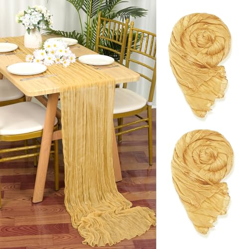 2 Stück Seihtuch Tischläufer Gold,55 x 300 cm Gelbe Rustikaler Gaze Stoff Boho Tischläufer Käsetuch Cheesecloth Tischläufer Hochzeit Tischdecke für Hochzeitsfeier Brautparty Tischdekoration