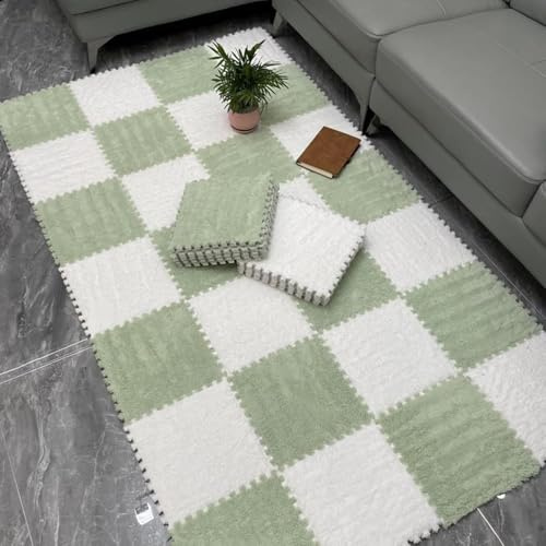 HynJGih 10 Stück Flauschige Plüschschaum-Bodenmatte, ineinandergreifende Teppichfliesen, selbst zuschneidbar, ineinandergreifende Schaumstoffmatten, kleine Plüschteppiche(Mint Green+White)