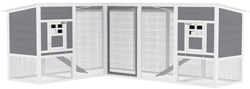 PawHut Hühnerstall L-förmig aus Holz 251 x 192 x 103 cm mit 2 Häusern, 2 Ebenen, Rampe, herausziehbarer Schublade, Hühnerhaus Freilaufgehege für Garten, Grau