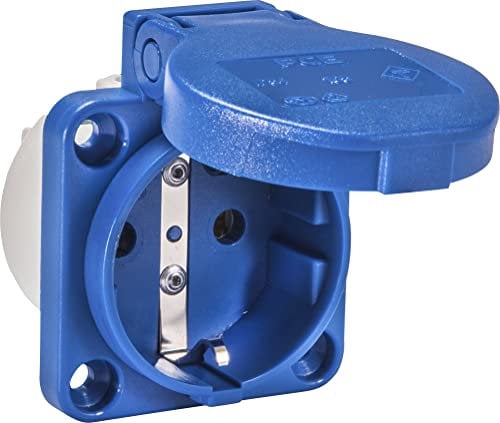 SiRoX Schutzkontakt-Einbau-Steckdose IP54 blau (RAL 5017) – rückwärtiger Anschluss, 250V 16A, Flansch 50x50mm, Befestigungsmaß 38x38mm, Schraubkontakt, PA6 Gehäuse, vernickelte Kontakte