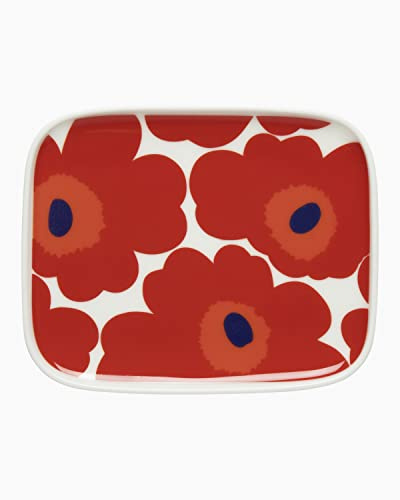 MARIMEKKO Unikko Oiva Rechteckiger Teller aus Steinzeug – verfeinern Sie Ihre Küchendekoration mit unserem ikonischen roten und weißen Steingut – Servierteller, um Ihr kulinarisches Erlebnis zu