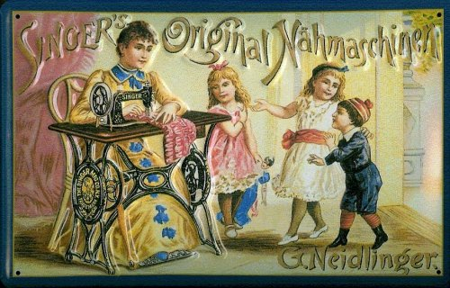 Buddel-Bini Versand Blechschild Singer Nähmaschinen Nostalgieschild 20 x 30 cm gewölbtes Stahlblech 3-D Relief geprägt EMBALIT Einbrennlackierung Lange Lebensdauer Original lizensierte Replika