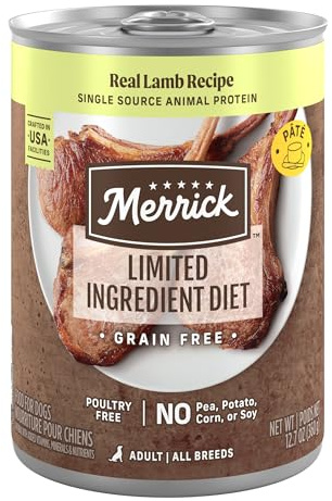 Merrick Limited Ingredient Diet Premium Grain Free Wet Dog Food, Healthy And Natural Poultry Free Canned Dog Food With Lamb - (Pack of 12) 12.7 oz. Cans