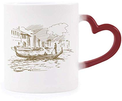 DIYthinker Río Barco Landmark Bosquejo del Paisaje Morphing de Calor de la Taza Copa Sensible Corazón Rojo