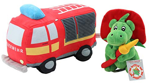 Sweety Toys 12213 Set Grisu Plüsch Feuerwehrmaskottchen 20 cm & Plüsch Feuerwehr Auto Lastwagen ca. 30 cm