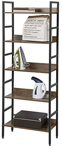 eSituro Standregal Badregal Küchenregal Badezimmer Bücherregal Aufbewahrung Leiterregal Stufenregal platzspazierend modern Stil 5 Ablagen Schwarz+Nussbaum Metall+MDF 60x27.5x160CM SSTR0056