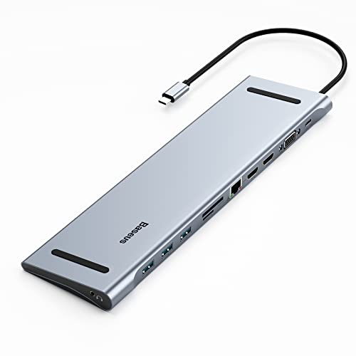 Baseus Hub USB C 11 en 1, Docking Station USB C Adaptateur avec 2 HDMI 4K, 3 USB 3.0, Ethernet, Type C PD, VGA, Lecteur de Cartes SD/TF, Audio 3,5mm pour MacBook Pro/Air, XPS, Tablettes Type C, etc