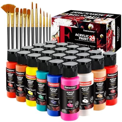 Fantastory Peinture Acrylique, 24 couleurs × 60ml, Coffret Peinture Acrylique, Avec 12pcs Pinceau de Peinture, Imperméable, non Toxique, Pour Artiste Professionnel, Débutant
