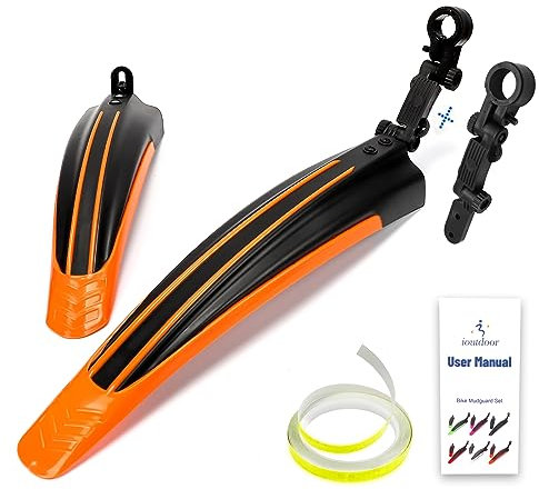 ioutdoor Bike Mudguard Set with 27ft DIY Reflective Tape, Bike Fenders Set Adjustable,Bicycle Front and Rear Mud Guard Fits for 20,22,24,26,27,28 MTB Mountain Road Bike Cycling (Black Orange)