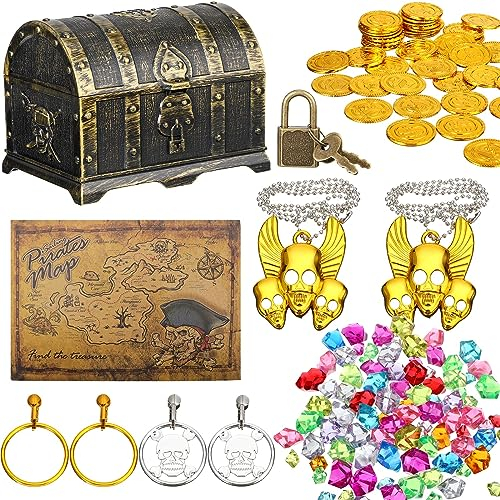 Enhon 147 Pieces Pirate Treasure Chest Toy Box Age 6+ with Lock and 1 Treasure Map 100 Colorful Gems 40 Pirate Coins 4 Earrings 2 Skeleton Necklaces for Halloween Themed Party Favors(Vintage Style)