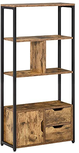 HOMCOM Estantería Librería para Libros con Armario y 2 Cajones de Almacenaje Estantería de Estilo Industrial para Oficina Sala de Estar 58x24x122 cm Marrón Rústico