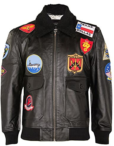 Men's Leather Black Jacket Sheepskin Collar Maverick Flying A2 Bomber 2XL