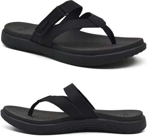 COFACE Flip Flops Damen Orthopädische Leder Stoff Leicht Zehentrenner Frauen Bequeme Plantarfasziitis Fussbett Breite Füße Badelatschen Sommer Strand Zehensandalen Rutschfest Gummi Sohle Schwarz 36