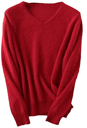 Youllyuu Dicker Nerz Kaschmir Pullover Damen V-Ausschnitt Pullover Sweater Übergröße Slim Warm Strickpullover, rot, M