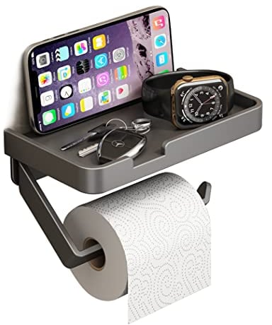 Toilet Roll Holder with Shelf, 2 in 1 SUS304 Stainless Steel Two Installations Ways Toilet Paper Holder Wall Mounted Self Adhesive for Bathroom Washroom Toilet Kitchen (Grey)