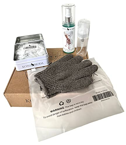 Kotomoda Badewanne Dusche SPA Set für Sphynx und andere nackte Haustiere Shampoo 120ml mit Schaumstoffgenerator, Duschhauben in der Blechdose, Badehandschuhe…