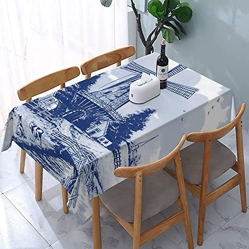 Rechteckige Wachstuchtischdecke Nederland Niedliches Vintages Holländisches Windmühlen-Delfter-Blau Tischdecke Pflegeleicht Tischwäsche Wasserdicht Party Tischdecken Für Garten,137X183cm