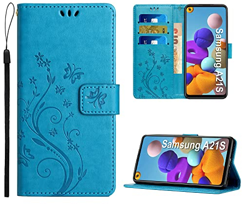 Anshow Lederhülle mit Samsung Galaxy A21S Hülle, Handyhülle für Samsung Galaxy A21S, Flip Wallet Hülle Leder Tasche Schutzhülle, Blau