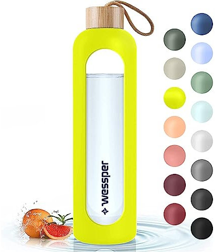 Wessper Bouteille d'eau en Verre 1L, Gourde Reutilisable, en Borosilicate, Avec Marqueur de Temps de Motivation, Couvercle en bambou, En silicone, pour Enfant et Adultes, Sport, Camping – Jaune