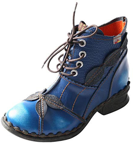 TMA EYES Zapatos de mujer de cuero hechos a mano, botines de mujer con cordones(Azul,36)