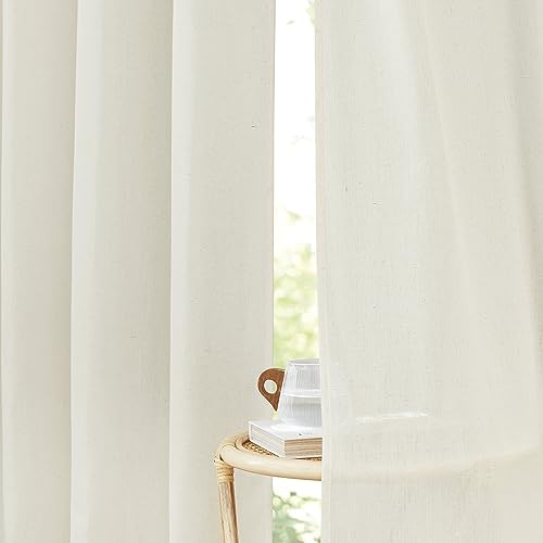 PONY DANCE Wohnzimmer Gardinen im Landhausstil Leinenvorhang 2er Set H 200 x B 140 cm Gardine Leinenoptik Halbtransparente Vorhänge mit Ösen Linen Curtains for Living Room, Elfenbeinweiß