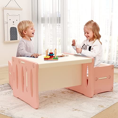 Benarita Set tavolo e sedia per bambini Tavolo multifunzionale per attività e studio in plastica per bambini con 2 sgabelli Scrivania e sedie per bambini (Rosa Bianco)