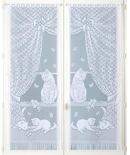 HOME MAISON - Paire de Petits voilages Dentelle Chatons et Franges Polyester Blanc 60x120 cm