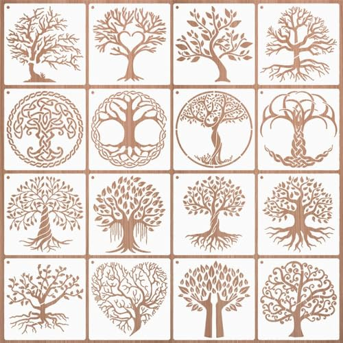 KyeeaDIY 16 Stück Baum Schablonen Zeichnung Malerei Vorlagen Wiederverwendbar Kunststoff Schablonen Kinder Malschablonen Waschbar für DIY Scrapbooking Handwerk Home Dekoration
